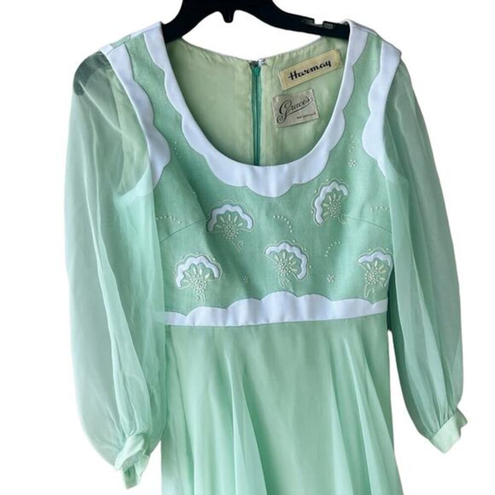 Vintage Harmay mint green maxi dress long‎ sleeve 70's medium chiffon